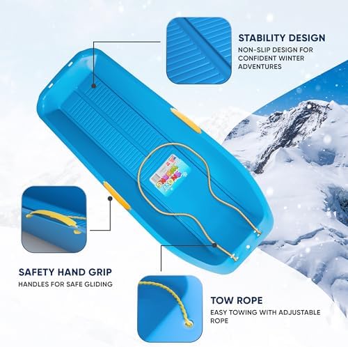 39" Toboggan Lifetime Sled: Durable High-Density Plastic Sleds for Kids, and Teens 1 Person Snow Sleds for Kids and Teens W/Handles and Pull Rope