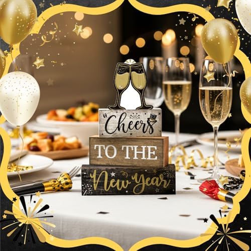 Moucuny 4 Pcs New Year Wooden Block Signs Farmhouse Table Centerpiece
