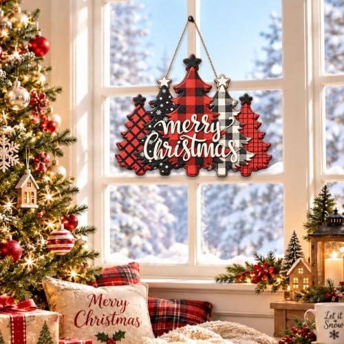 Christmas Decorations Buffalo Plaid Christmas Tree Hanging Wooden Sign