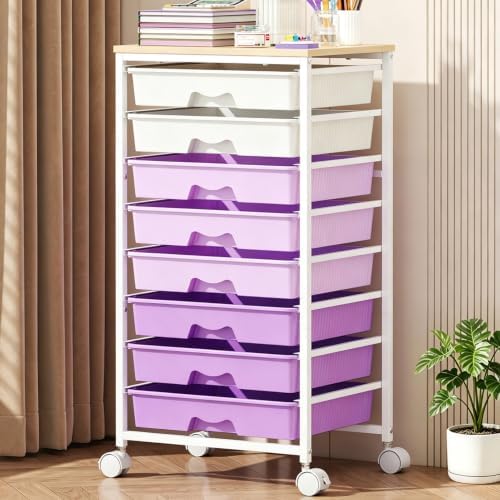 Goovilla Rolling Cart with 8 Drawers for Art, Dorm, Office, Craft, Purple