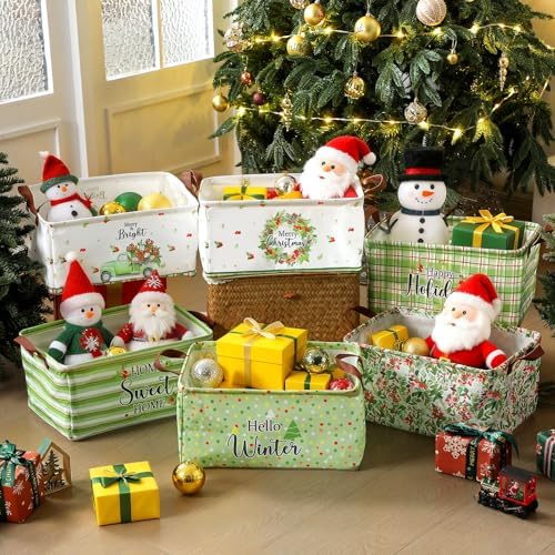 CHENGU 6 Pack Christmas Storage Basket Collapsible Christmas Tree Basket for Gift Green Truck Holiday Decor Large Flower Wreath Bin Foldable Hello Winter Dotted Box with Handle for Bedroom Office Home