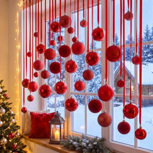 56 Pcs Red Christmas Window Hanging Ball Ornament Window Decorations Set