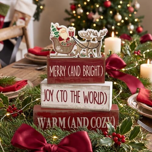 Moucuny 4 Pcs Christmas Table Decoration for Home Wooden Santa Sleigh Signs