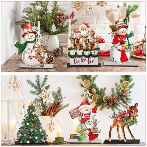 Beeveer 6 Pcs Christmas Table Decorations Wooden Snowman Reindeer Decor