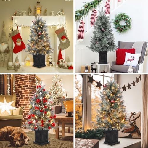3FT Prelit Snow Flocked Christmas Tree with Prelit Premium 70 LED 8 Mode Battery Powered Mini Small Xmas Tree for Christmas Decoration Gift,Home,Office,Outdoor,Indoor with Classic Black Base-2PCS