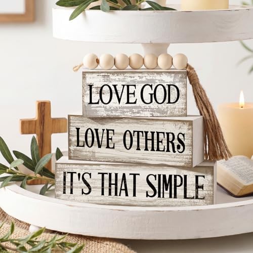 Moucuny 4 Pcs Christian Wooden Block Signs Farmhouse Tiered Tray Decor