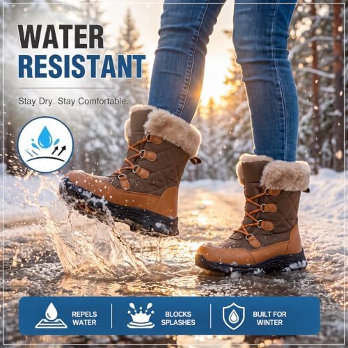Women's Snow Boots Winter Water-Resistant Faux Fur Lined Warm Outdoor Lace Up Mid-Calf Booties Deep Tread Rubber Sole