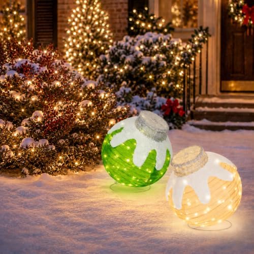 2 Pcs Outdoor Christmas Ornaments, Lighted Pop-Up Holiday Ball Decoration with 160 LED Lights, 8 Light Functions, Lighted Collapsible Christmas Outdoor Decorations for Yard, Patio, Home
