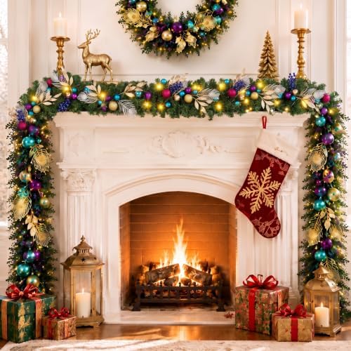 Riceshoot 6ft Peacock Christmas Garland LED Lights Purple Blue Gold Mantle