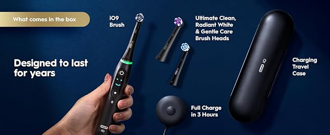 Oral-B Rechargeable Electric Toothbrush, iO9 Genius, 7 Cleaning Modes, Interactive Display, Charging Travel Case, Visible Pressure Sensor, 4 Brush Heads, White Alabaster