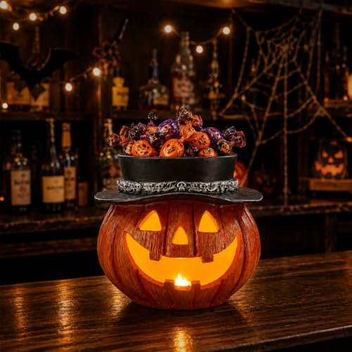 Light Up Pumpkin Candy Bowl for Halloween with Batteries Included