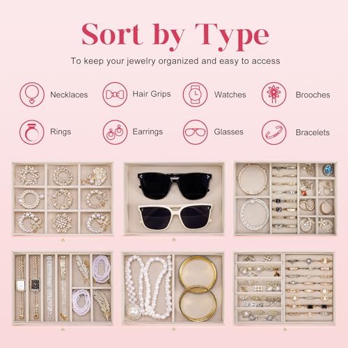 Dajasan Large Jewelry Organizer Box, 6-Tier Jewelry Storage Case with 5 Drawers, Jewelry Boxes for Women Girls with Mirror, Double Door, Textured PU Leather, Gift Idea, Stylish (Pink + Gold)