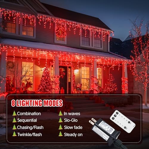 JMEXSUSS 400 LED Red Icicle Christmas Lights Outdoor