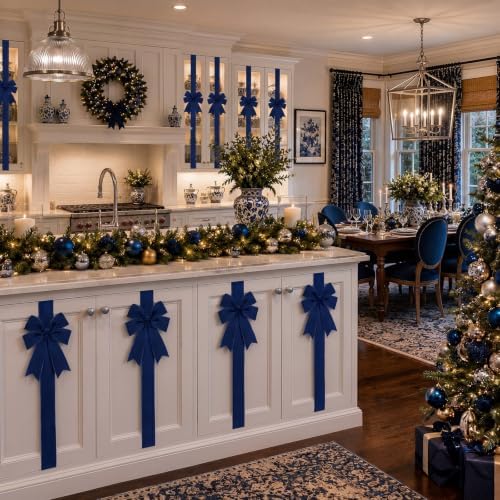Daifunli 6 Pcs Navy Blue Christmas Velvet Cabinet Bows Ribbons for Kitchen