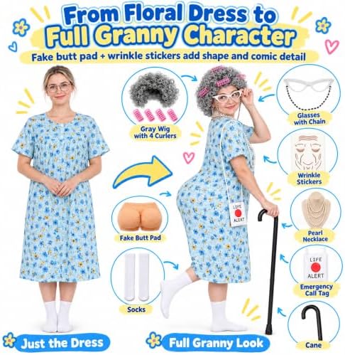 Old Lady Costume for Women, Grandma Dress Up Set for Halloween