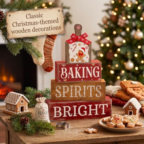 Lineshading 4 Pcs Christmas Table Decor, Gingerbread Baking Spirits Bright