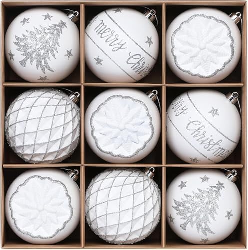 SHareconn 100MM/4 Inch 9PCS Large Christmas Balls Ornaments, White & Silver