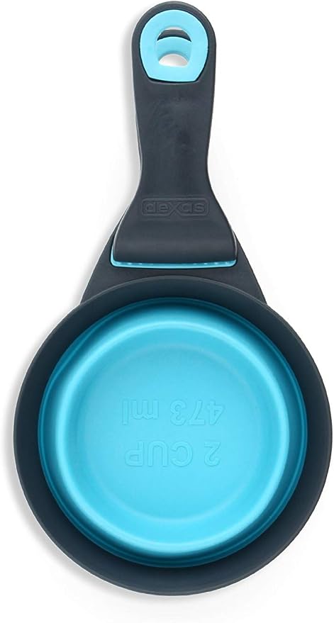 Dexas Popware for Pets Collapsible Klip Scoop, 3-in-1 Pet Food Scoop, Measuring Cup and Bag Clip, 2 Cup Capacity, Blue