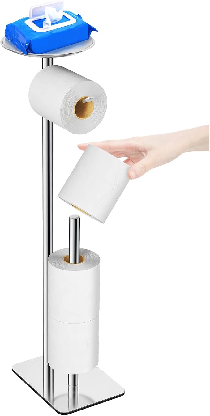 FEILERN Toilet Paper Holder Stand for Bathroom Floor Standing Toilet Roll Dispenser Storages 4 Reserve Rolls, with Top Storage Shelf for Cell Phones, Wipe, Wallet and More(Chrome)