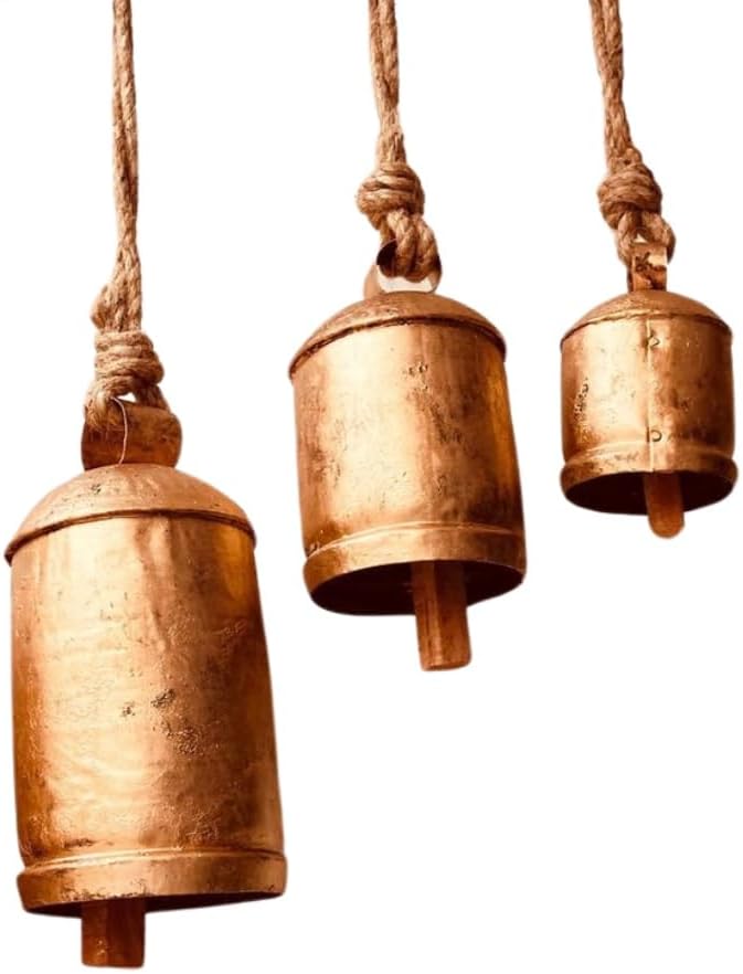 Rustic Harmony Cow Bells Decorative Set of 3 Christmas Bell Large Vintage Golden Cow Bell Brass Coated Country Bells Wall Hanging Cowbell Lucky Charm (3"-4"-5")