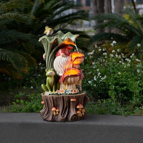 Kalona Outdoor Water Fountain, Gnome Tree Stump Waterfall with LED Lights
