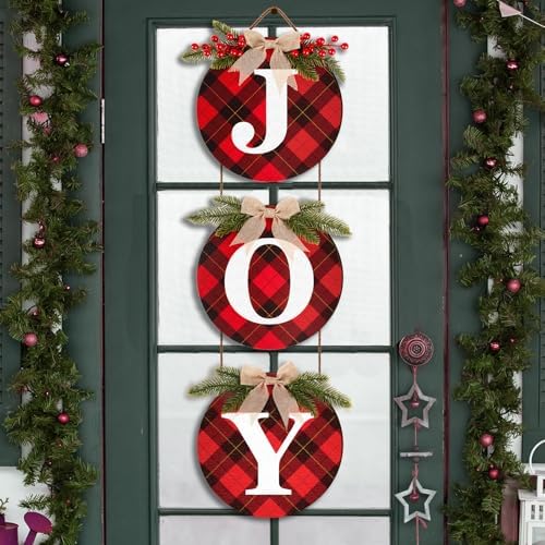 Rustic Christmas Door Decorations, Wooden Joy Sign for Front Door Decor