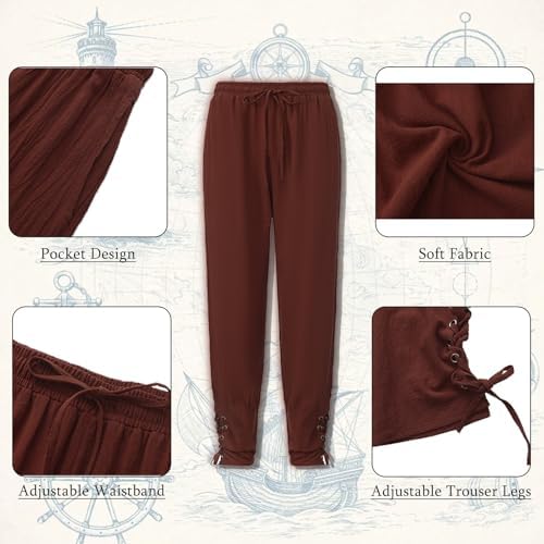 9PCS Men's Pirate Costume Set,Renaissance Medieval Outfit for Halloween Pirate Party with Viking Pants Shirts Accessories