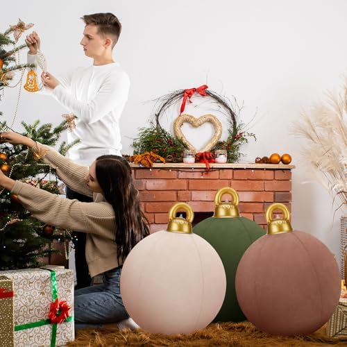 3 Pcs 32 Inch Giant Velvet Christmas Inflatable Balls, Brown, Khaki, Green