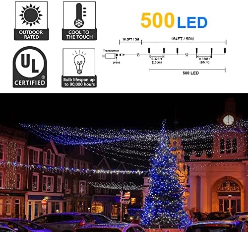 Wellisnow 164ft 500 LED Blue White Christmas Lights, 8 Lighting Modes Waterproof Christmas Lights Outdoor Plug in for Christmas Tree Yard Wedding Decorations(164FT,Blue&White)
