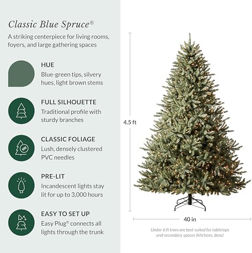 Balsam Hill 4.5ft Pre-Lit Classic Blue Spruce - Artificial Christmas Tree with 300 Clear Incandescent Lights, Easy Plug Technology, Premium Stand for Indoor Holiday Decorating