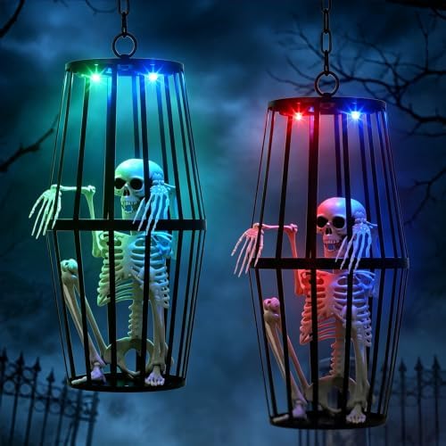 2-Pack 23” Scary Hanging Skeletons Ghosts Solar Halloween Decor