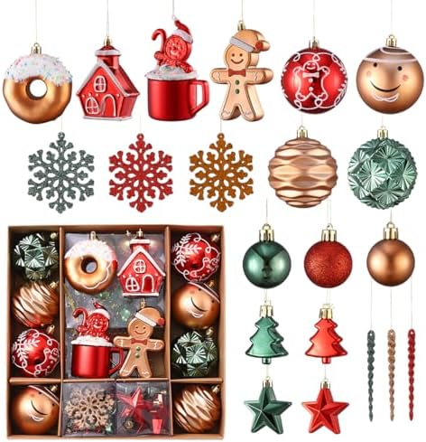 Gingerbread Man Christmas Tree Ball Ornaments Set - 72 ct Red Green Copper Gold Plastic Shatterproof Hanging Ornaments for Xmas Tree Indoor Outdoor Holiday Party Decorations