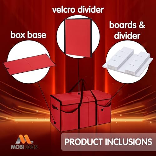 Christmas Ornament Storage Box with Dividers & Pockets - Holiday Ornament Organizer Bag - Holds 128 Balls - Durable Red Fabric Container with Handles - Foldable Xmas Decorations Storage - by Mobi Lock