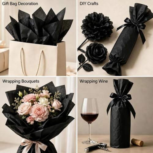 Black Tissue Paper - 100 Sheets Gift Wrapping Paper for Halloween Decor