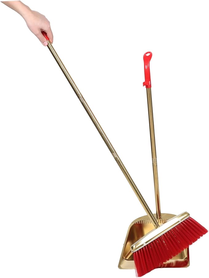Dustpan and Broom Set with Long Handle, Stainless Steel Metal Broom and Dustpan Combo with Teeth Edge for Home Kitchen Office Floor Cleaning, Gold Color Upright Sweeping Kit