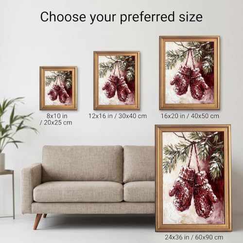 Framed Canvas Wall Art Painterly Winter Mittens on Pine Branch Red and White Snow Texture Canvas Print Poster Gold Frame Wall Decor for Living Room Winter Season, Holiday Art - Inch 16x20