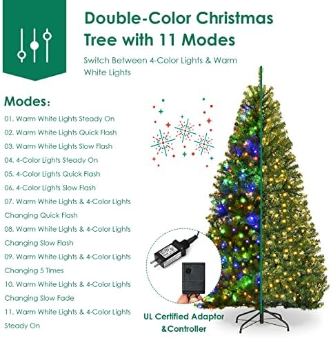 7Ft Pre-lit Artificial Christmas Tree, Pencil Hinged Christmas Tree w/ 500 Dual-Colored LED Lights, 1570 PVC Branches, 11 Light Modes, X-Shaped Metal Stand, Pine Xmas Tree for Home, Party