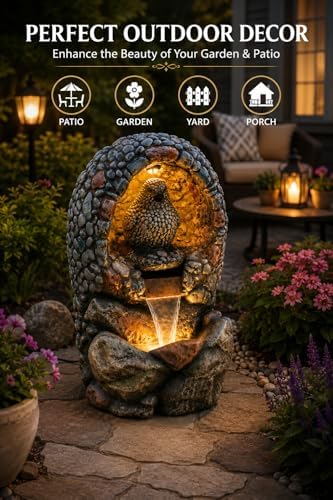 EROMMY Water Fountain for Outdoor with LED Lights, 31.9" Tall Bird Nest Waterfall Fountain, Resin Garden Fountain with 25W Pump, Freestanding Water Feature for Patio, Backyard, Porch & Lawn