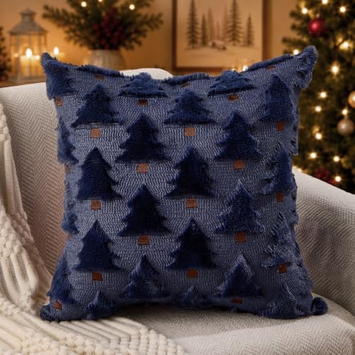 Allorry Christmas Pillow Covers 16x16 inch Set of 2 Navy Blue Christmas Decorations Soft Plush Faux Fur Wool Christmas Tree Throw Pillow Cases Winter Holiday Decor for Sofa Living Room PT002H16