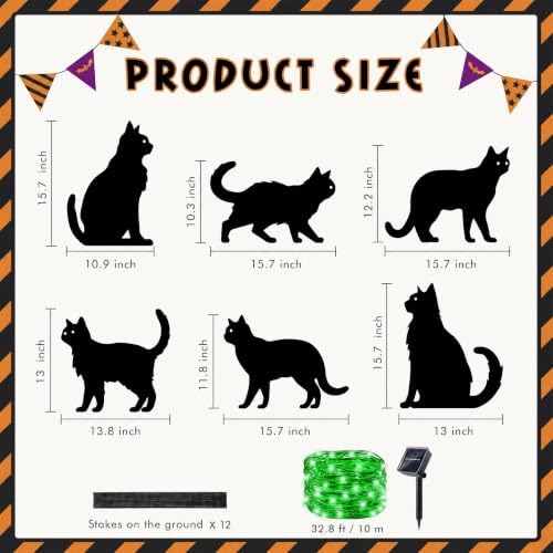 6 Pack Halloween Black Cat Yard Decorations, Solar Powered Green Eyes