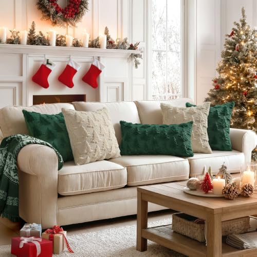 MIULEE Christmas Throw Pillow Covers Lumbar Dark Green Christmas Decorations Xmas Tree 12x24 Pillow Covers Soft Plush Faux Wool Pillowcases Holiday Festivals Winter Home Decor Sofa Couch Bed Porch