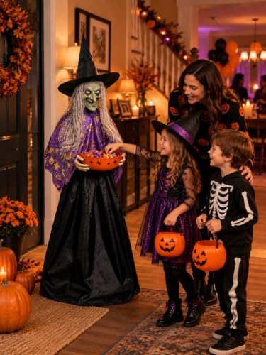 Halloween Witch Animatronic with Candy Bowl, Moving Head & Mouth, Sound