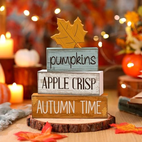 Lineshading 4 Pcs Fall Table Decor for Home, Wooden Maple Leaves Block Sign