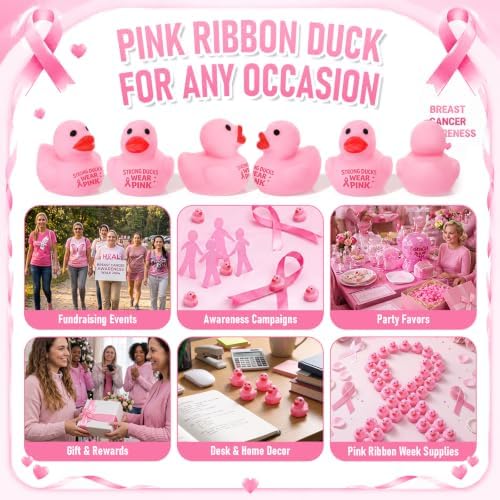 Thenshop 50 Pcs Pink Ribbon Rubber Duck Relief Favors, Awareness Gifts