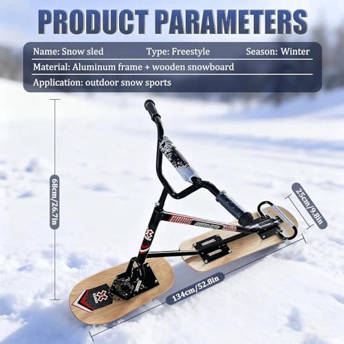 Snow Scooter Sled with 360° Spinning Ski Boards, High-Strength Aluminum Chassis & Maple Wood Platform for Family Fun and Snow Adventures, All Skill Levels