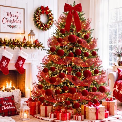 56 Pcs Christmas Tree Decorations Bow Topper Ornaments Flocking Balls Red Berry Picks Webbing Beaded Necklace Christmas Tree Hanging Ornaments for Xmas Home Office Decorations