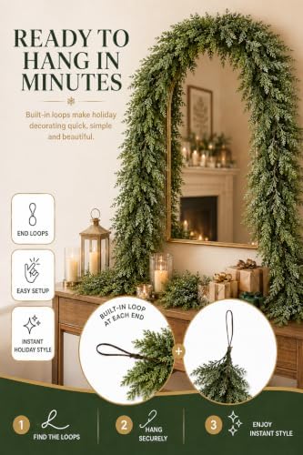 9 FT Christmas Cedar Garland, Real Touch Artificial Greenery, Mantel Decor