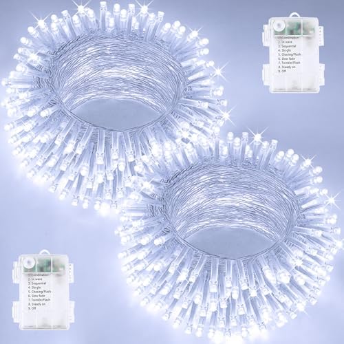2 Pack 200 LED Battery Operated String Lights, Twinkle Lights Cool White