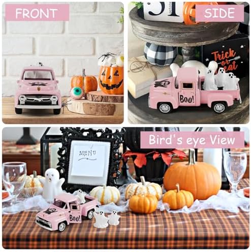 Pink Halloween Truck Decor, Ghost Pickup for Farmhouse Tabletop Decor