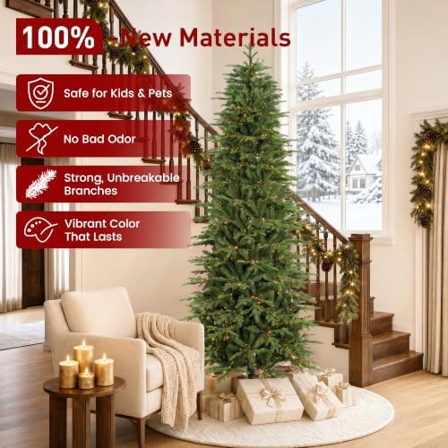 Glitzhome Prelit Artificial Christmas Tree, 9ft Realistic Christmas Tree Radiant Slim Evergreen with 1,850 Warm White & Multi-Color Chasing and Twinkling Lights, 9 Function w/Foot Pedal, Simple Setup